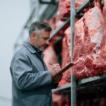 Butcher inspecting hanging beef carcasses in cold storage for food safety inspection report and meat processing background
