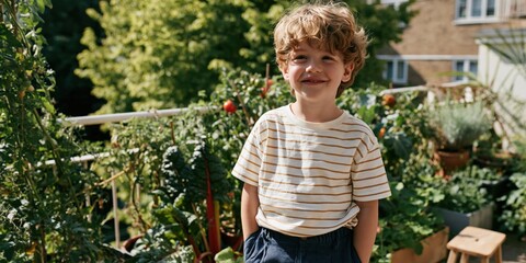 Fototapeta premium Smiling boy with curly hair on a balcony vegetable garden for family lifestyle portrait background and banner design