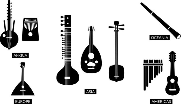 World Traditional Musical Instruments Silhouette Collection Kora Sitar Oud Shamisen Didgeridoo Balalaika Panpipes Mbira Charango Regional Music Vector
