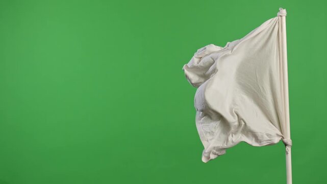 White fabric flag tied to a pole waving against a green background. Concept of surrender, peace, neutrality, truce, symbol, and chroma key template for design and video editing.