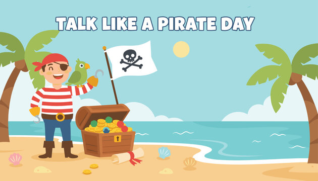 Cartoon pirate character celebrates Talk Like a Pirate Day on a tropical beach with a parrot a hook hand and a chest of gold treasure.