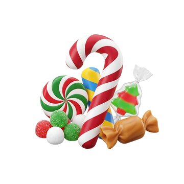 Collection of 3D plasticine christmas candies featuring candy cane peppermint swirl wrapped caramel gumdrops on white background gummy candy 3D render christmas sweets holiday treats