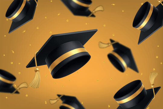 Seamless graduation background with floating mortarboard caps and golden confetti on yellow backdrop vector illustration