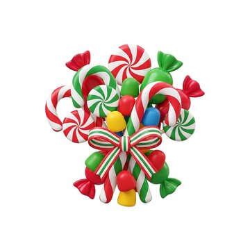 Festive candy cane arrangement with striped ribbon and mixed colorful candies christmas candy holiday sweets peppermint candy swirl lollipop wrapped candy holiday decorations red green