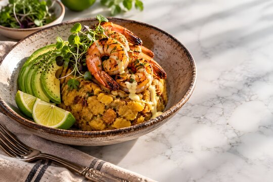 Modern mofongo bowl with grilled shrimp and avocado