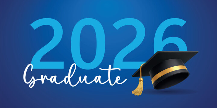 2026 graduation background with mortarboard cap and handwritten graduate lettering on blue gradient vector illustration