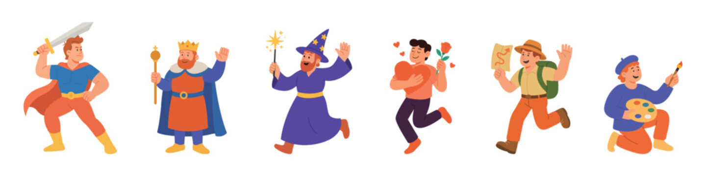 Six cartoon characters. Superhero, medieval king, wizard, lover, explorer and artist kneeling flat vector illustration set