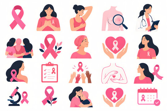 Breast cancer awareness flat icons with ribbons women and medical examinations on a white background
