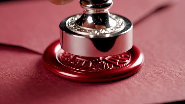 Macro of metal stamp pressing red wax seal on envelope. Sealing formal letter with hot wax