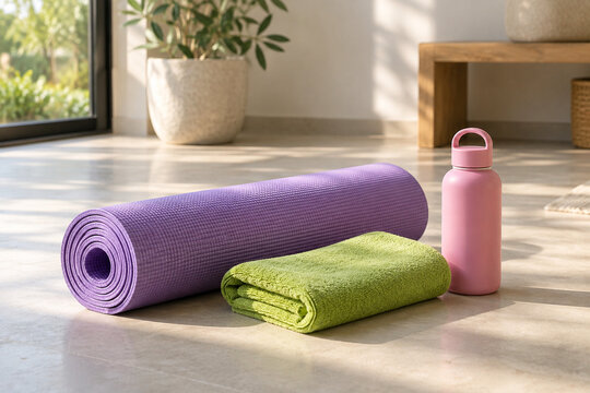 Purple yoga mat with green towel and pink water bottle in sunny studio