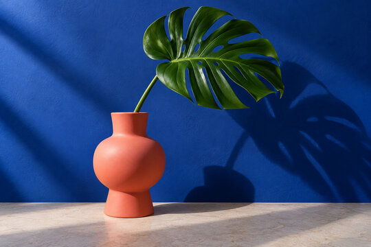 Monstera leaf in coral vase against cobalt blue wall with shadow