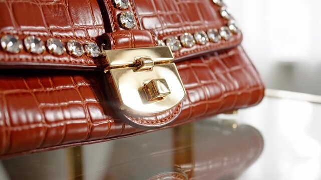 Luxury brown leather handbag with crystals on glass table. Close up of designer purse with gold clasp. Fashion accessory concept