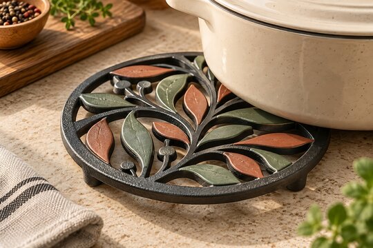 Decorative Leaf Pattern Cast Iron Trivet for Hot Pots.