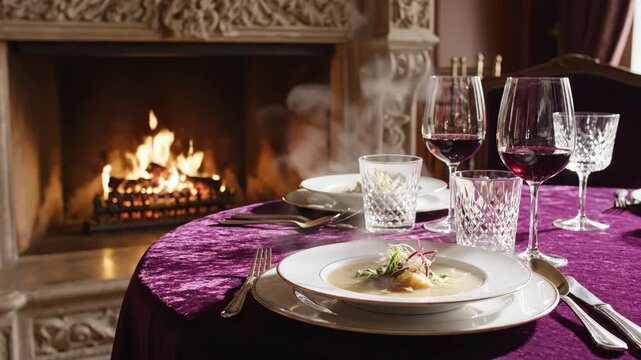 Fine dining table set with steaming gourmet soup and wine glasses by burning fireplace. Elegant restaurant interior dinner setting