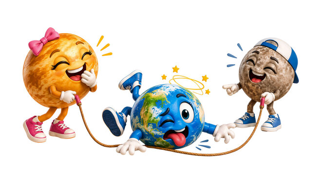 Funny Earth Tripping Over Jump Rope While Sun and Moon Laugh Cartoon Space Concept