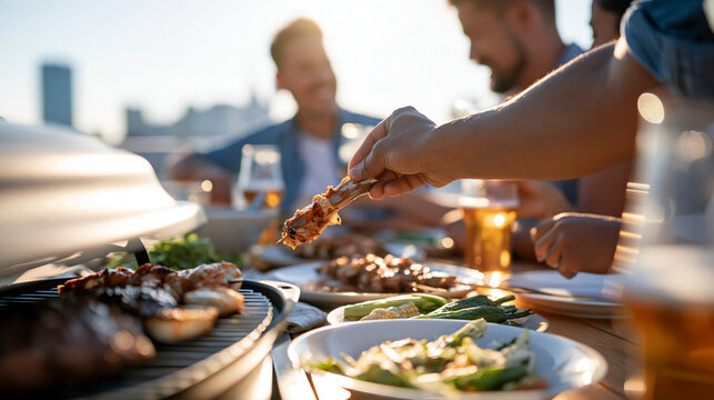 Rear view of friends eating and drinking at barbecue party on rooftop bright sunny summer daylight cropped composition festive outdoor gathering concept cheerful leisure atmosphere