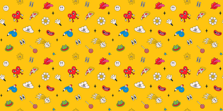 Groovy pattern with hearts, flowers and candy