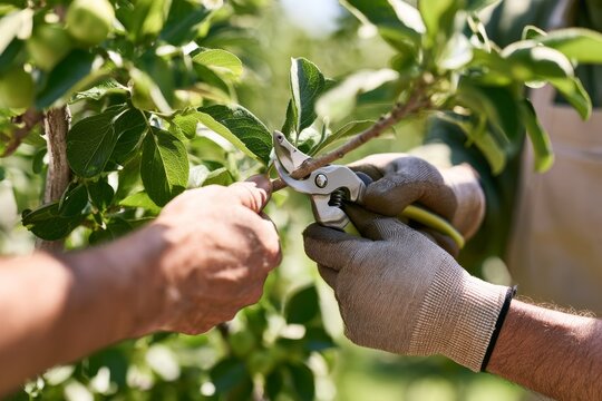 Hands using pruning shears to trim branches of apple tree during autumn garden maintenance