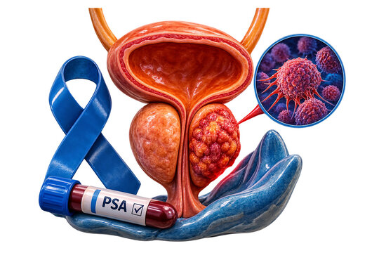 Prostate Cancer Awareness and Diagnosis Concept with Enlarged Prostate, Tumor, PSA Blood Test and Blue Ribbon