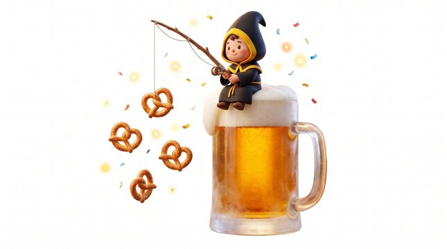  Cute M&uuml;nchner Kindl 3D character fishing for pretzels sitting on a beer mug foam. Creative Munich Child mascot with a fishing rod, flying German brezels and confetti isolated on white background.