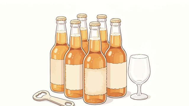 Vector illustration of six unlabelled beer bottles, a wine glass and bottle opener on a white background