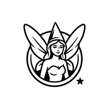 Whimsical fairy illustration with wings and pointed hat in a circular frame.