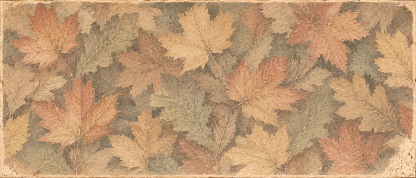 Vintage Herbsthintergrund mit zarten Herbstbl&auml;ttern in warmen Naturt&ouml;nen auf strukturierter beiger Papieroptik im nostalgischen Stil Generative KI