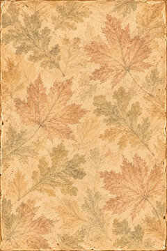 Vintage Herbsthintergrund mit zarten Herbstbl&auml;ttern in warmen Naturt&ouml;nen auf strukturierter beiger Papieroptik im nostalgischen Stil Generative KI