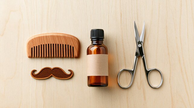 Items for grooming facial hair are laid out neatly on a wood surface