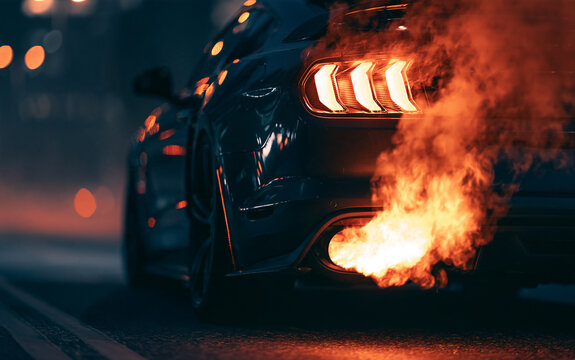 Close-up view shows car exhaust emitting flame and smoke during revving. The setting is at night on a street, highlighting the performance of the vehicle and its exhaust system