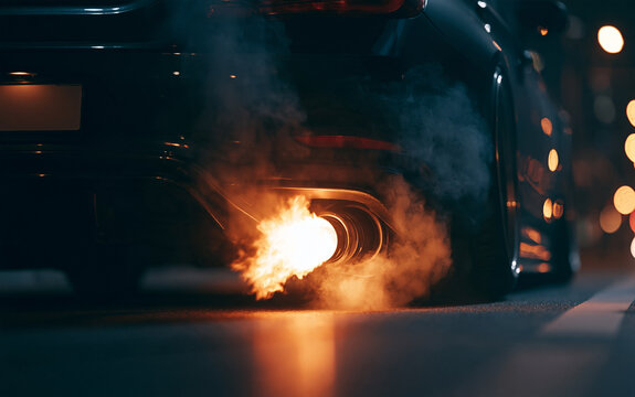 Close-up view shows car exhaust emitting flame and smoke during revving. The setting is at night on a street, highlighting the performance of the vehicle and its exhaust system