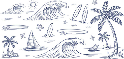 Fototapeta premium Hand drawn blue beach and ocean doodles, summer elements featuring waves, surfboards, palm trees, sailboat and starfish on white