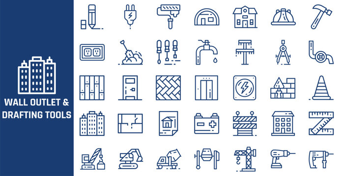 Detailed set of blue construction vector icons featuring various building tools and industrial architecture equipment designs