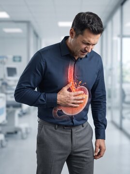 Mature man suffering from heartburn and acid reflux holding his chest in a clinical hospital hallway