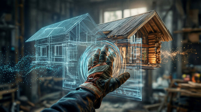 Construction worker gloved hand reaching to touch floating holographic blueprint of modern cabin