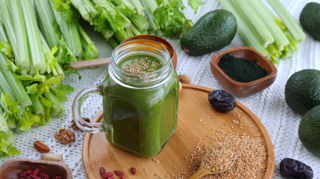 Hand lifts green celery smoothie jar beside fresh produce on rustic table, suggesting healthy breakfast prep. Glass mug holds thick juice near oats, avocados, seeds and dates in bright natural light.