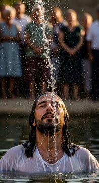 Jesus Christ baptism: sacred immersion, holy water, solemn rite, river ritual, white robe, heavenly grace, receive blessing, droplet splash, faithful crowd, devout believer.