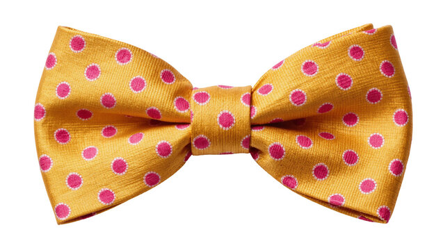 Yellow silk bow tie with pink polka dots, isolated on transparent background