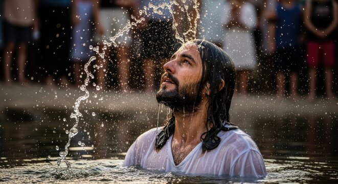 Divine holy immersion: Jesus Christ, sacred Baptism, spiritual rebirth, glowing splash, river ritual, devout believer, cleanse soul, solemn sacrament.