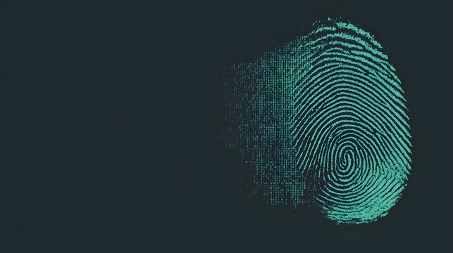指紋がデジタルの粒子へと変化する生体認証のイメージ 暗い背景