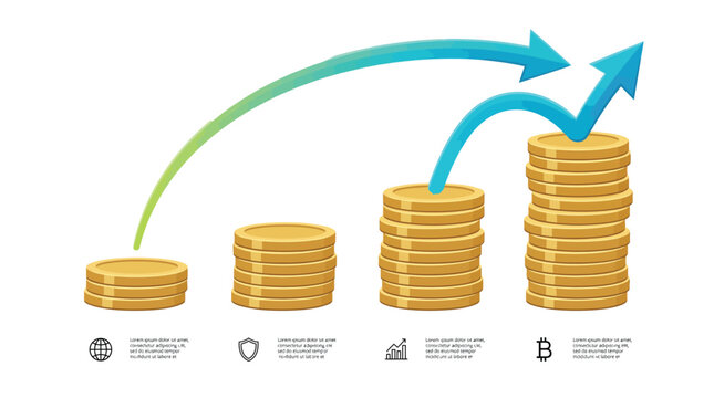 Gold coin stacks illustrating financial growth progress with blue arrows and simple informational infographic design elements