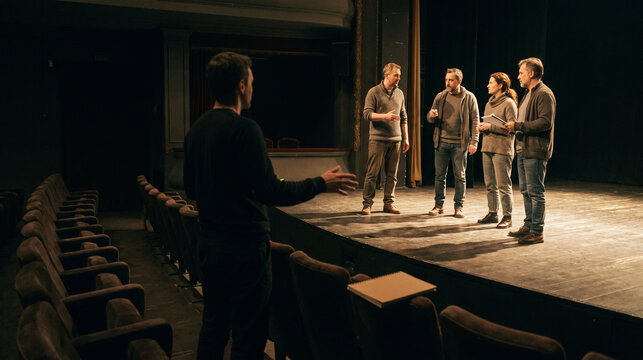 Stage coach guides a group rehearsal during an ensemble pause