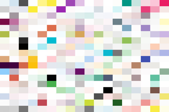 Abstract mosaic background, featuring a sparse, grid of small, rectangular pixels in, various pastel and, bright colors on, a white background