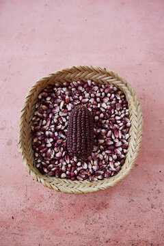 Basket full of purple corn, purple corncob in the center.