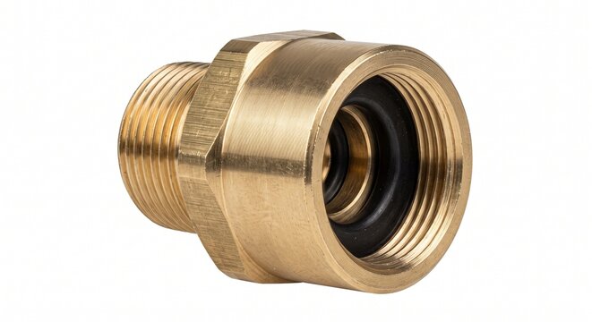 Tire curing press bladder steam valve. Heavy brass connector with high-pressure threads and vulcanized rubber seal. Thermal vulcanization hardware isolated on white.