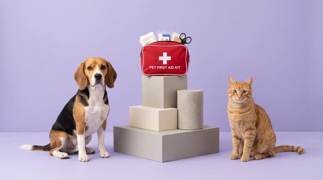 Pet first aid kit for dog and cat with emergency medical supplies for veterinary care and animal health safety insurance on purple studio background