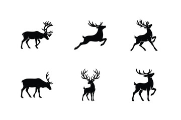 Fototapeta premium Christmas deer silhouettes set with walking reindeer and jumping stag design art.