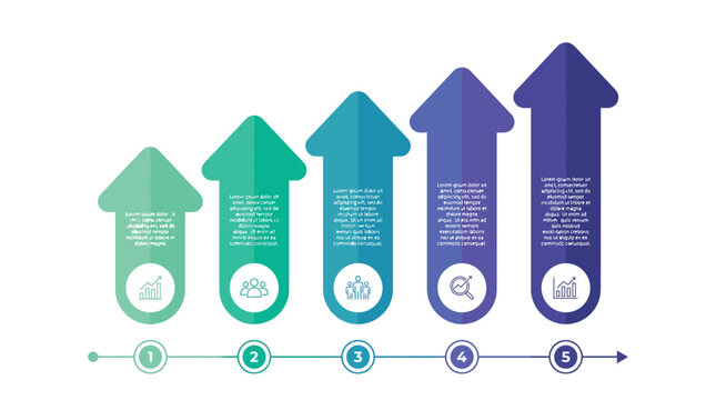 Gradient colored vertical arrow infographic template with five steps and icons for professional business presentations