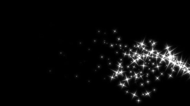 Twinkle stars line glitter sparkles, pixie star particles, cartoon blinking stars scatter across, forming a shimmering doodle sparkle trail, glowing light effect, on black background in 4k animation