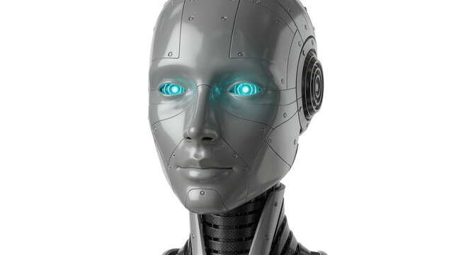 Humanoid robot head with glowing blue eyes, isolated on transparent background